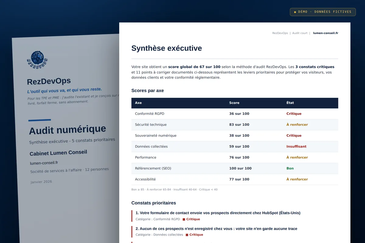 Rapport d'audit RezDevOps pour un cabinet de conseil fictif : score global de 67 sur 100, scores par axe, et deux constats critiques - le formulaire de contact envoie les prospects chez un prestataire américain, et le site n'en garde aucune trace.
